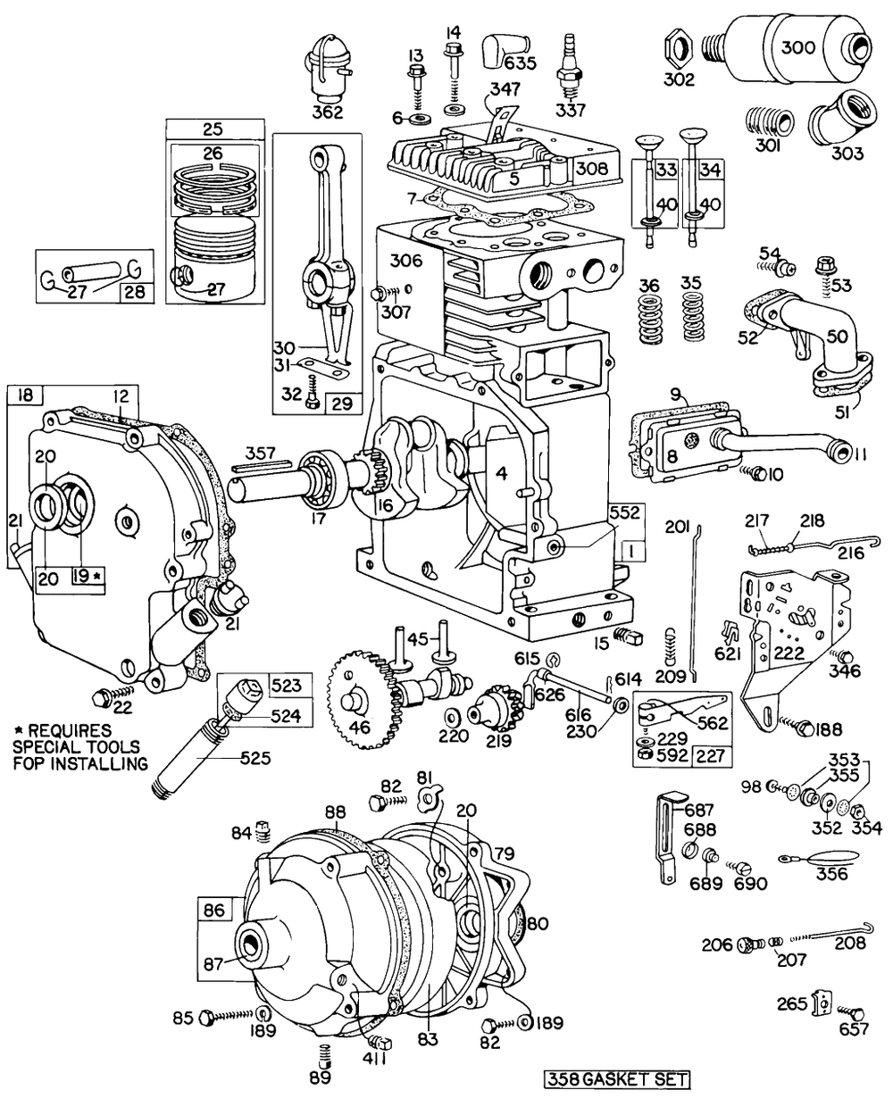 Cylinder, Crankcase,piston Diagram and Parts List for 147431-0739-XX  Briggs and Stratton Engine